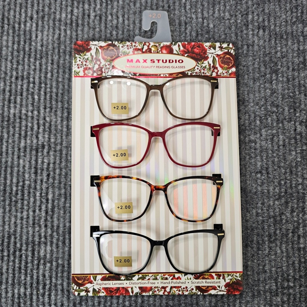 Max Studio Reading Glasses Women +2.00 Multicolor 4 Pack Square Aspheric Lenses